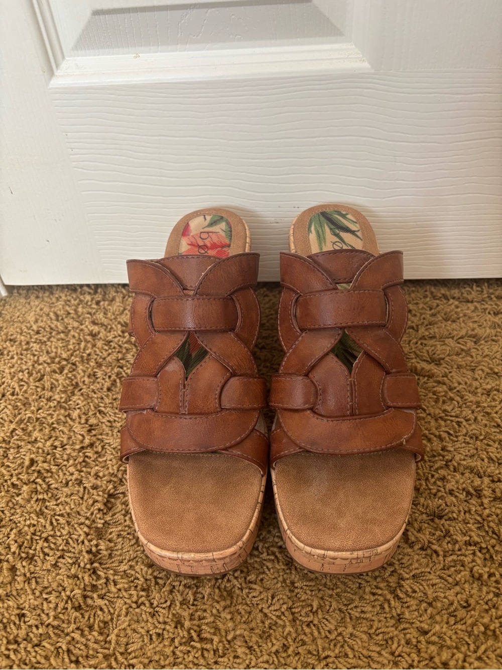 b.o.c. Cognac Brown Leather Wedge Slide Sandals